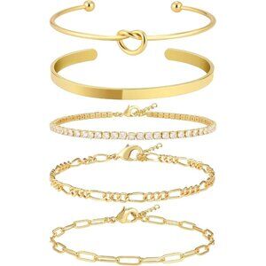 14K Real Gold-D Plated Bangle Cuff Non Tarnish Trendy Stack Bracelets for Women
